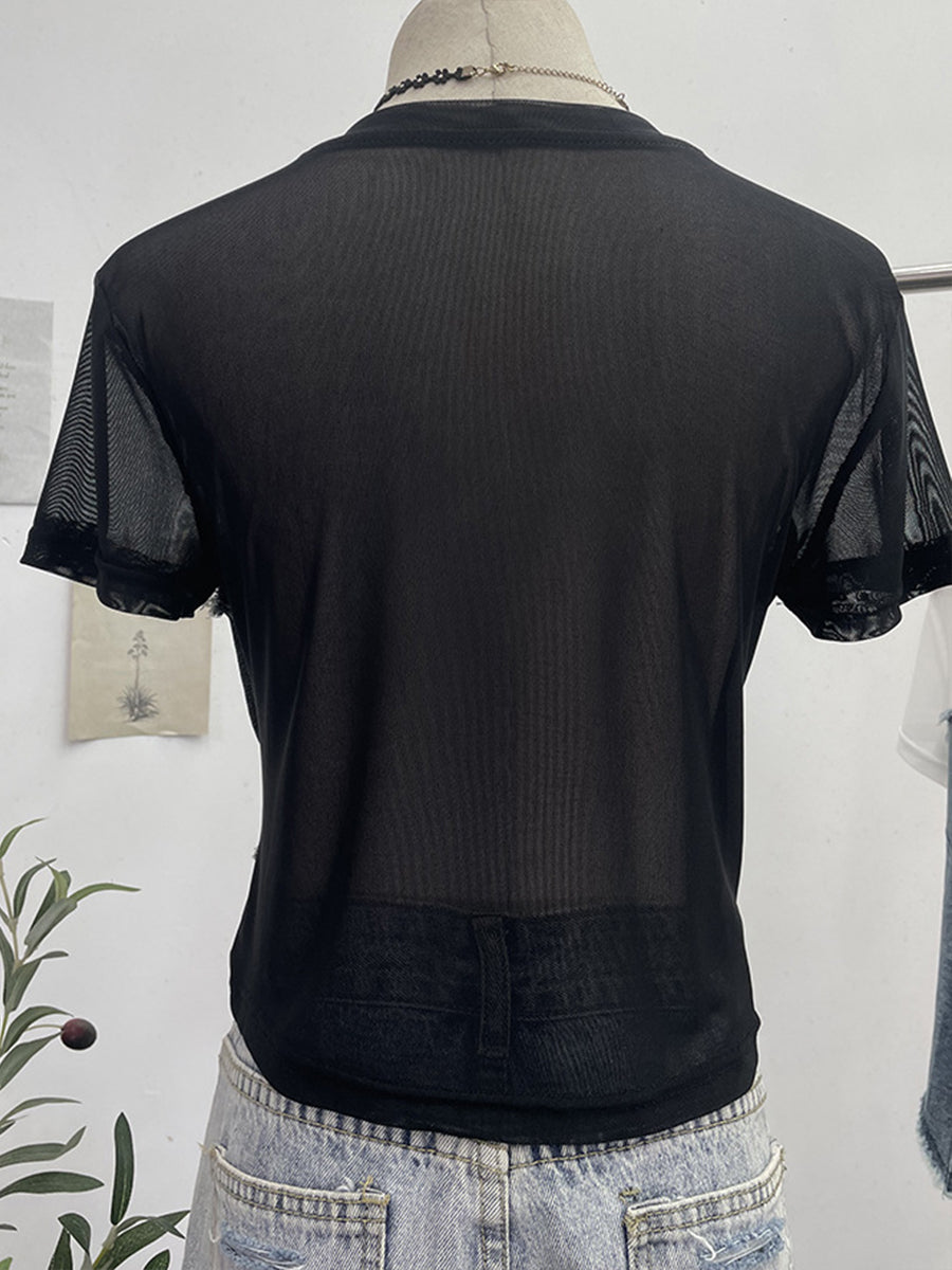 Stylish Casual Denim Top With Stretch Mesh Paneling