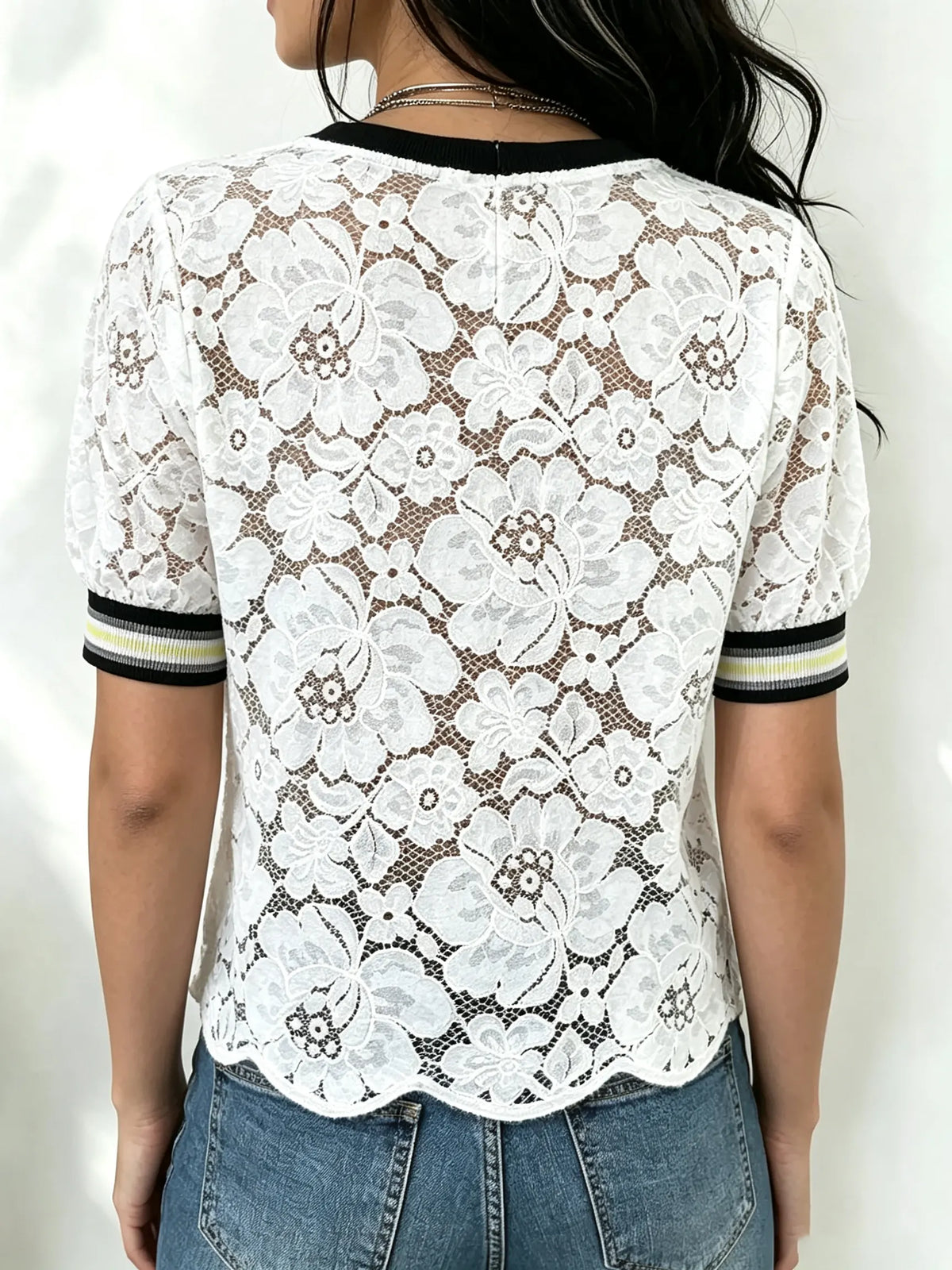 Women's Sheer Floral Lace Striped Trim Top
