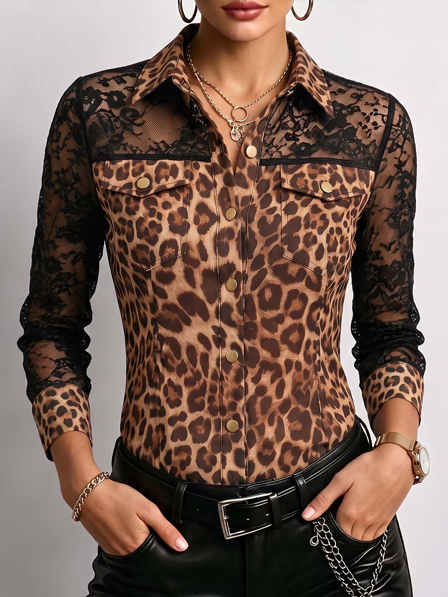 Women's Leopard Print Long-sleeve Casual Loose Shirt With Lace Paneling And Collar