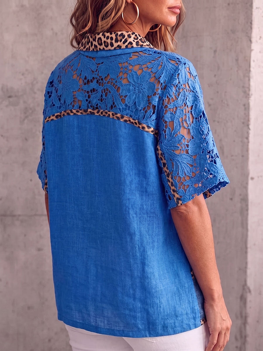 Vintage Elegant Patchwork Denim Leopard Cut-Out Cotton-Linen Shirt