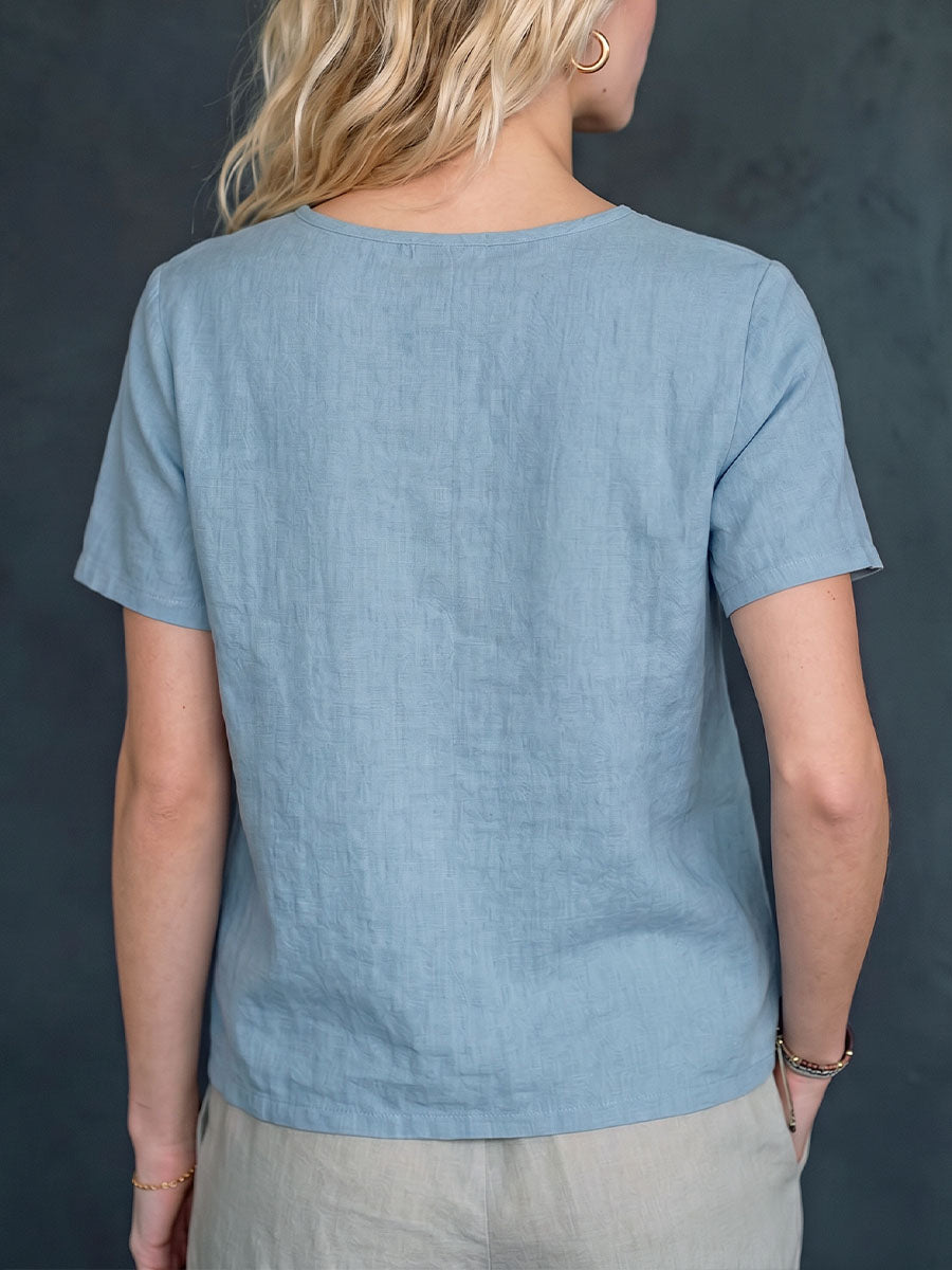 Women's Casual Loose-fit Cotton-linen Top With Placement Embroidery, Crew Neck, And Short Sleeves