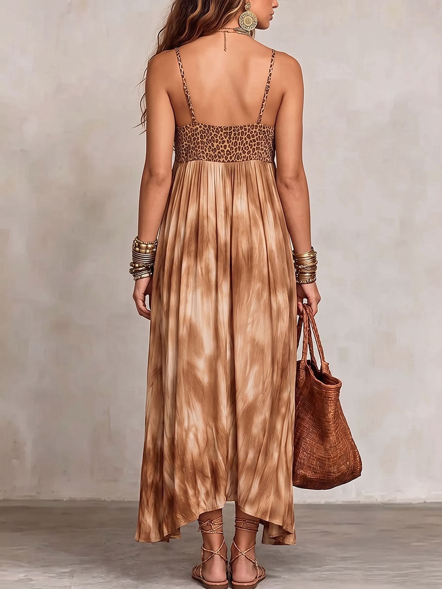 Women's Casual Loose-fit Cotton-linen Camisole Dress With Leopard And Tie-dye Print Paneling