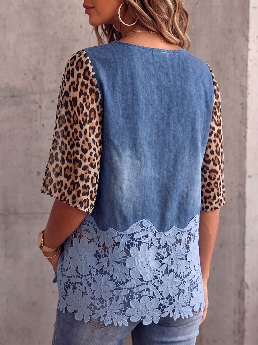 Vintage Elegant Patchwork Floral Embroidered Lace Sheer Chiffon Shirt