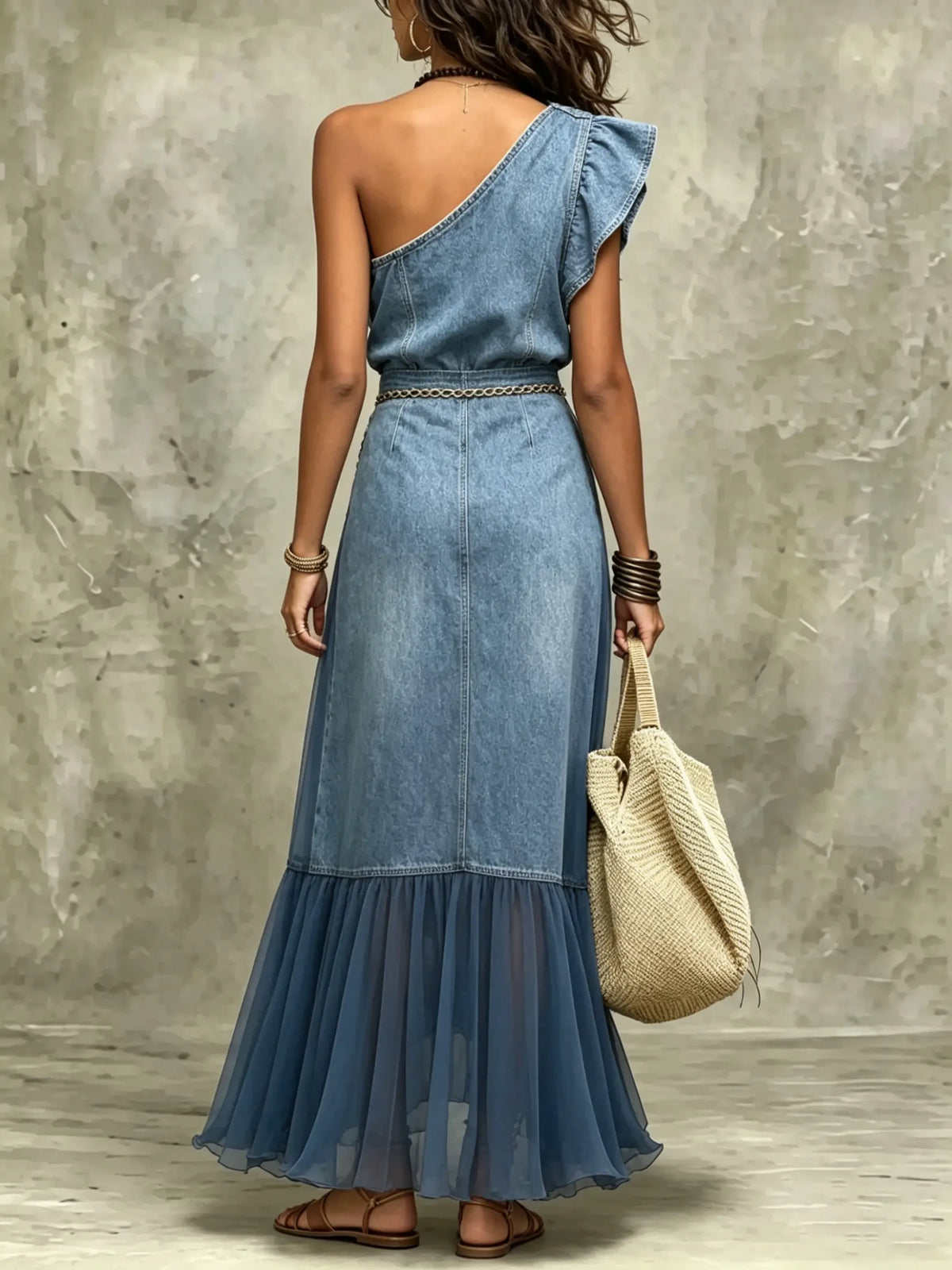 Women's One-Shoulder Denim Chiffon Pleated Maxi Dress