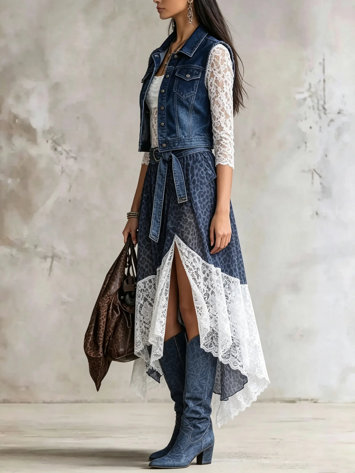 Women's Leopard Print Lace Spliced Denim Vest Irregular Midi Skirt Set