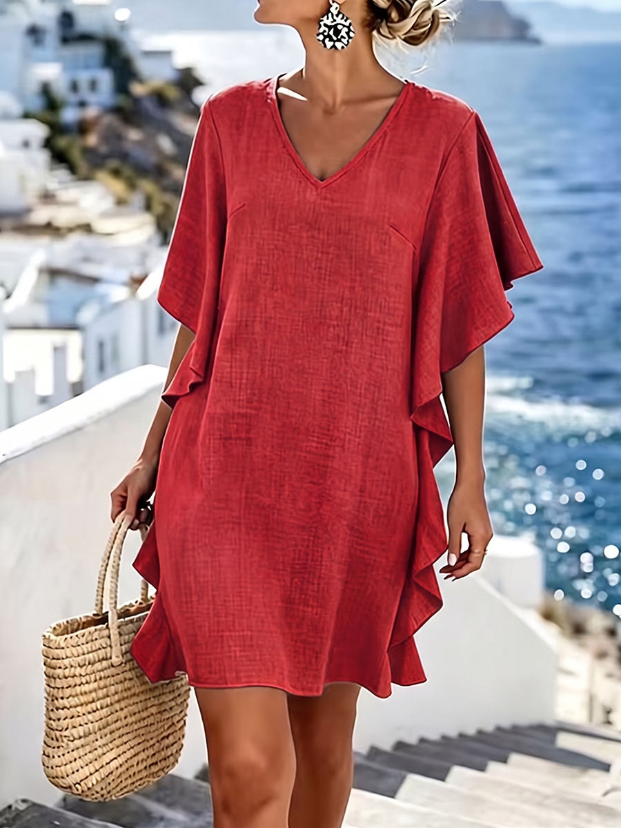 Women's Solid Color V-neck Short-sleeve Casual Loose Cotton-linen Dress
