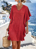 Women's Solid Color V-neck Short-sleeve Casual Loose Cotton-linen Dress