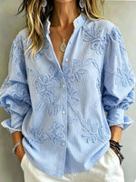 Women’s 3D Floral Embroidery Puff Sleeve Striped Collared Button Down Shirt