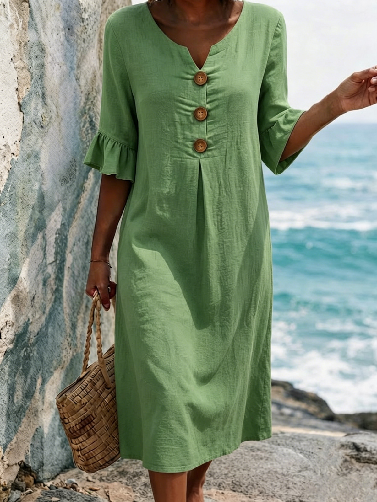 Solid-color Cotton Dress Featuring A V-neck, Three Wooden Buttons, Front Pleats, And Flattering Ruffled Mid-length Sleeves