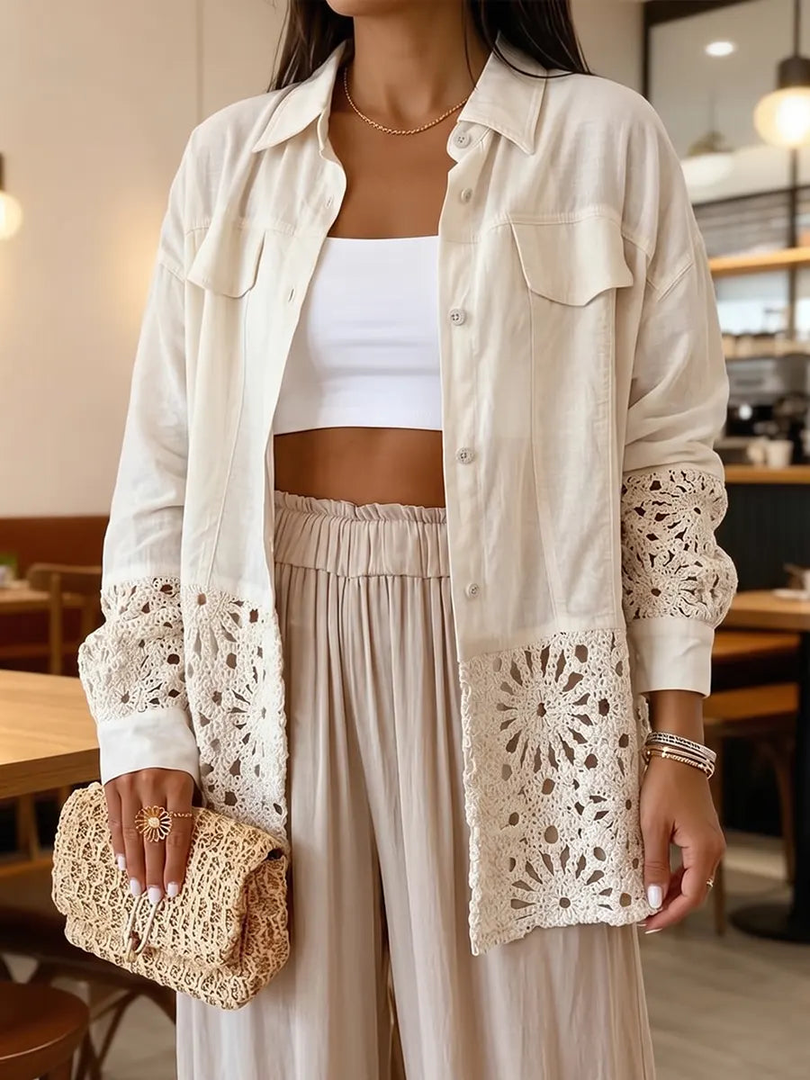 Relaxed Resort Linen Crochet-Paneled Overshirt