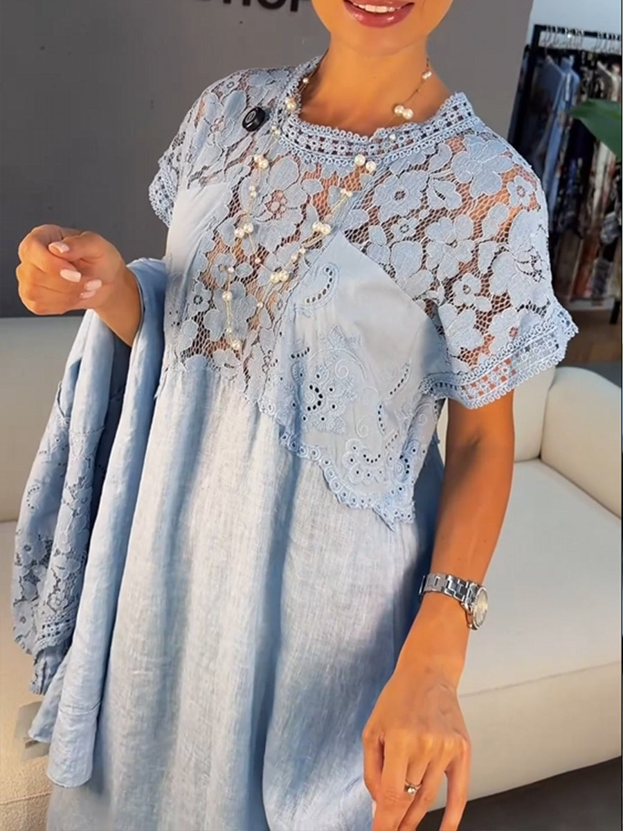 Elegant Dress Featuring A Spliced design Of Lace, Linen, And Cotton.