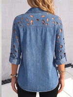 Floral Cutout Chambray Denim Button-Down Blouse