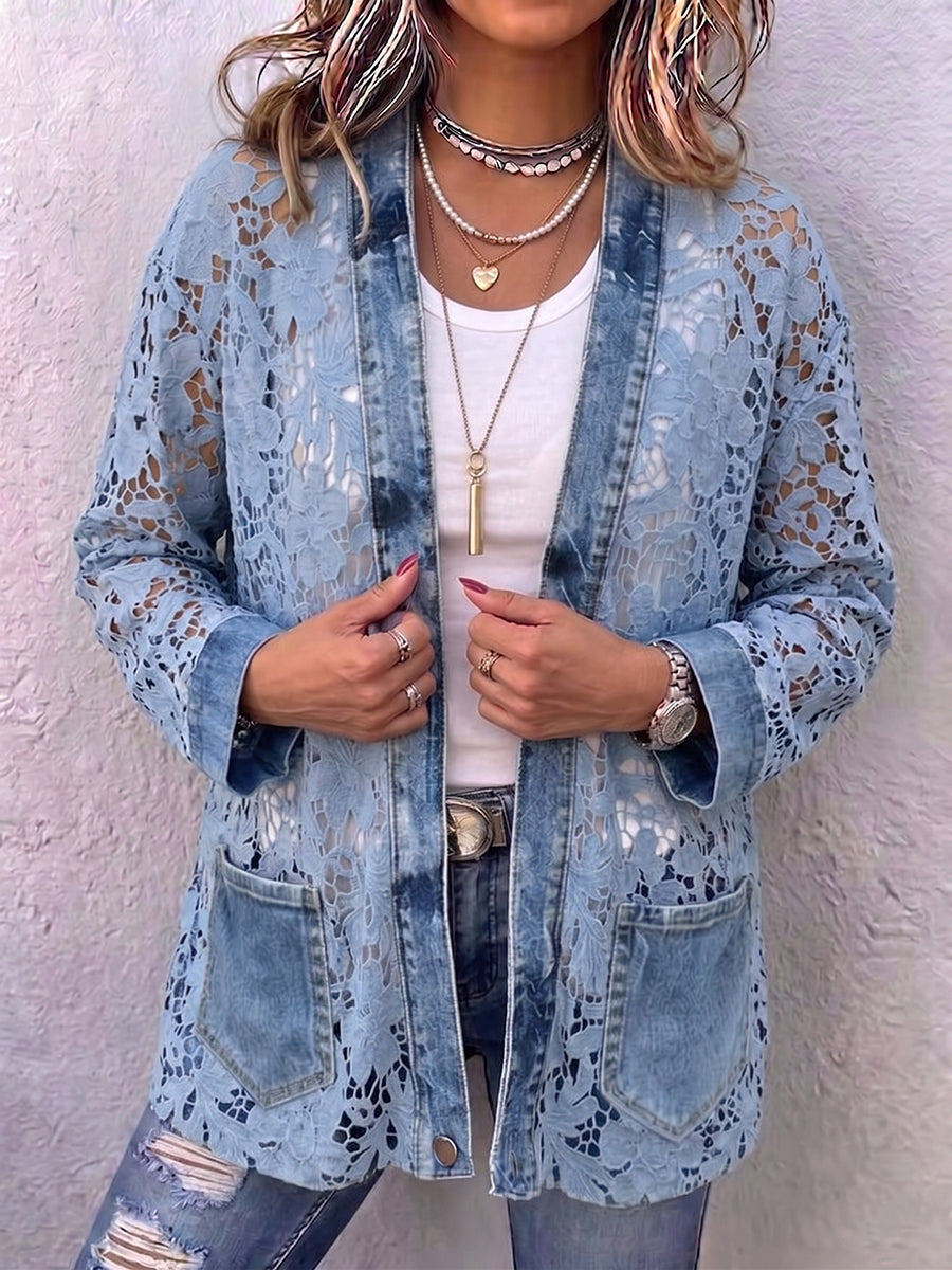 Loose-fit Casual Denim Cardigan With Lace Paneling