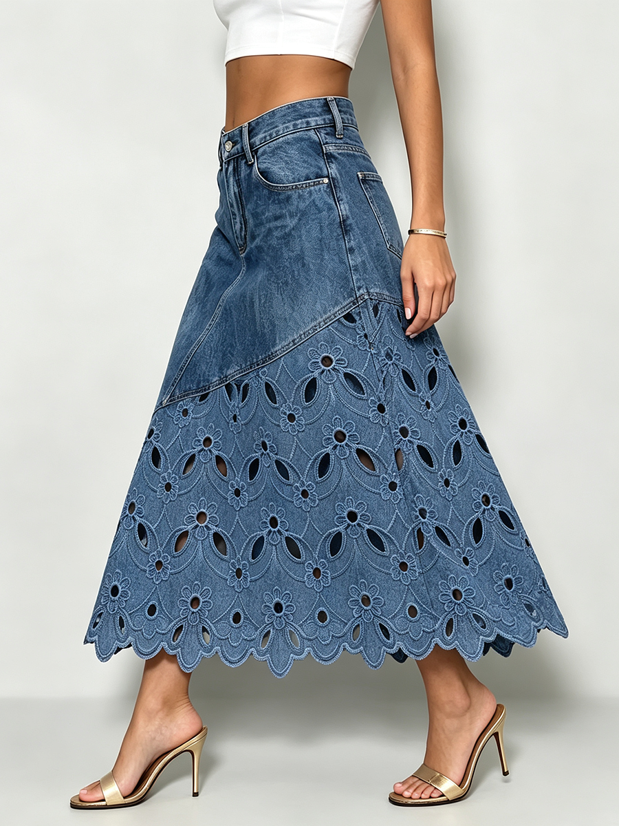 Bohemian Floral-cutout Asymmetrical Denim Midi Skirt