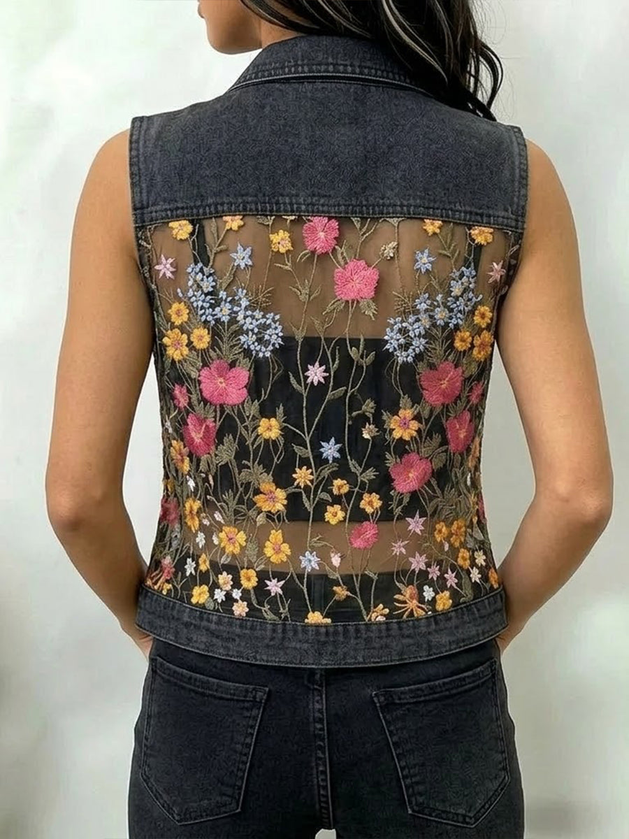 Stylish Casual Patchwork Embroidered Lace Denim Vest