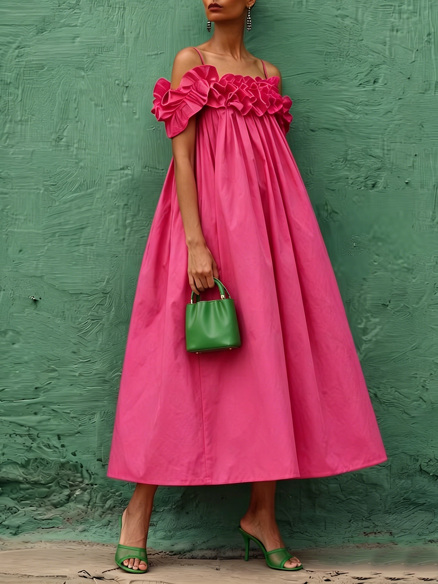 Elegant Hot Pink Off-shoulder Dress With Ruffled Collar