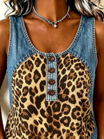 Women's Leopard Print Denim Patchwork U Neck Casual Tank Top