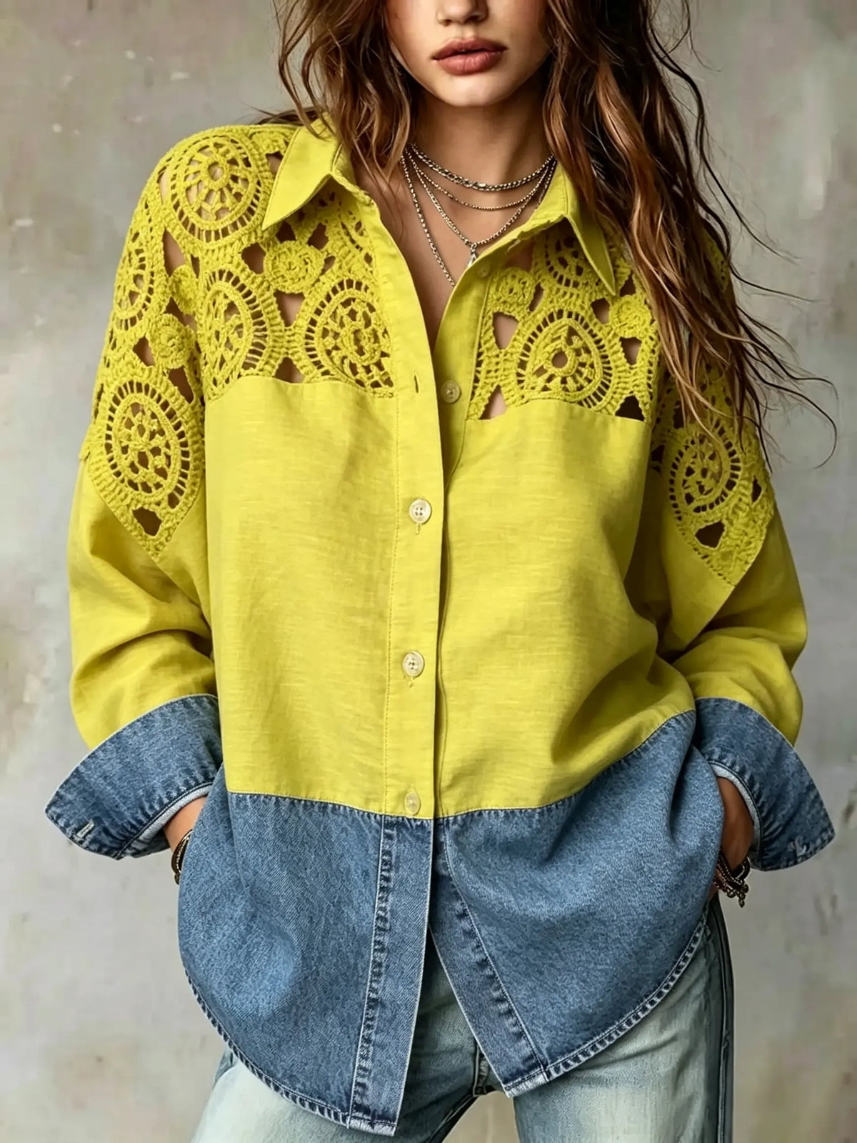 Women's Crochet Spliced Denim Hem Long Sleeve Shirt