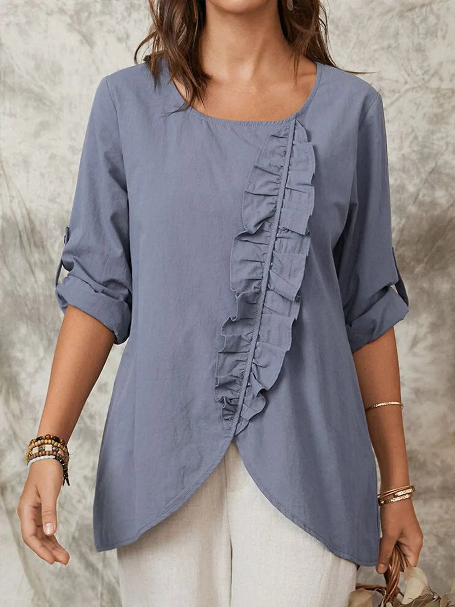 Elegant Ruffled Asymmetrical Tunic & Roll-Tab Sleeve Top