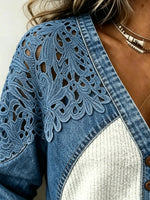 Women's Hollow Lace Spliced Waffle Knit Denim Long Sleeve V Neck Top