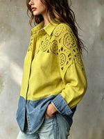 Women's Crochet Spliced Denim Hem Long Sleeve Shirt