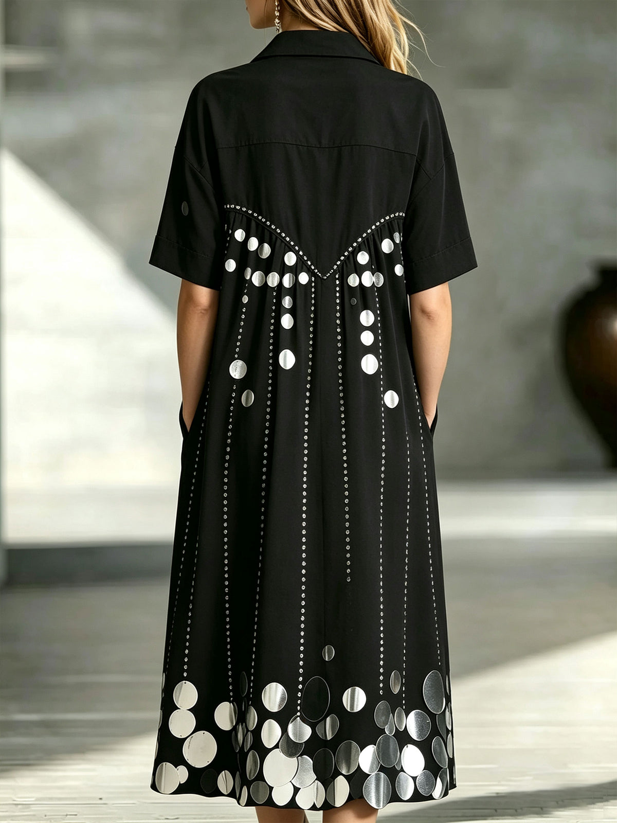 Women’s Sequin Disc Embellished Collared Short Sleeve Shirt Midi Dress