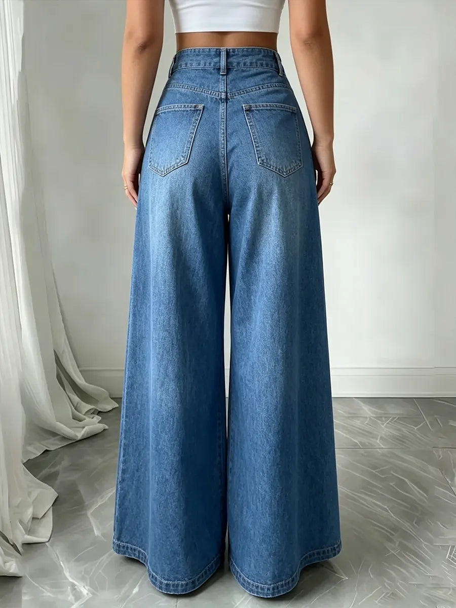Chic High-Waisted Button-Front Wide-Leg Denim Pants