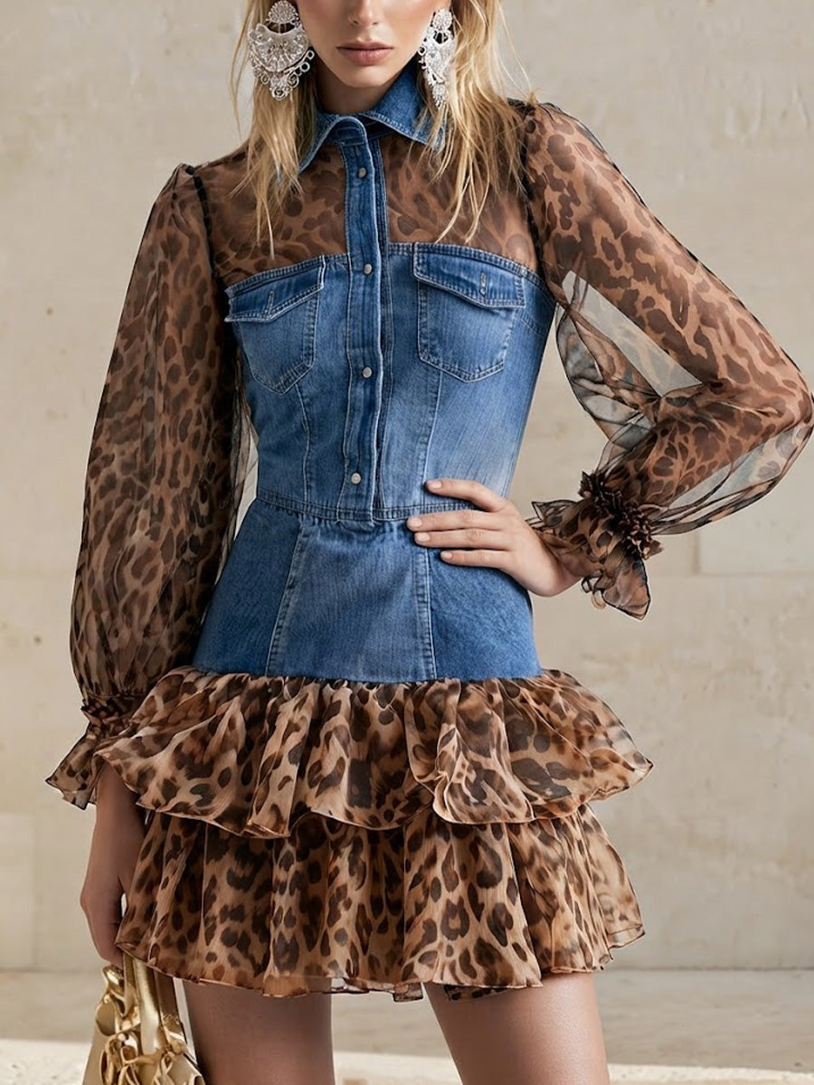 Washed Denim And Leopard-print Chiffon Spliced shirt Dress Featuring A Collared, Button-front Design, A Fitted Waist, And A Double-layered Ruffled Hem