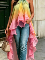 Women's Gradient Color Ruffled Art Casual Stylish Halter Sleeveless Top