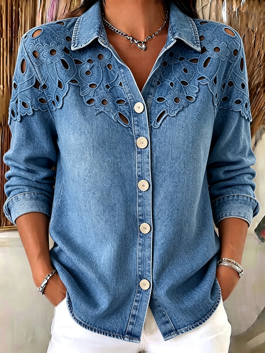 Chic Floral-embroidered Denim Blouse