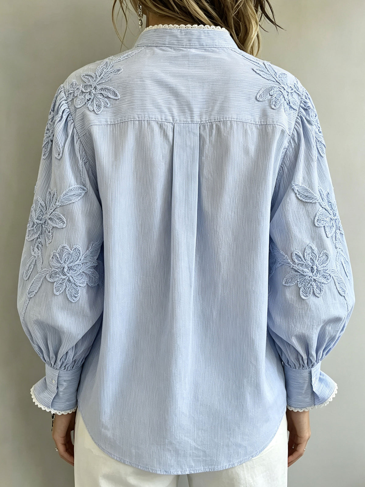 Women’s 3D Floral Embroidery Puff Sleeve Striped Collared Button Down Shirt