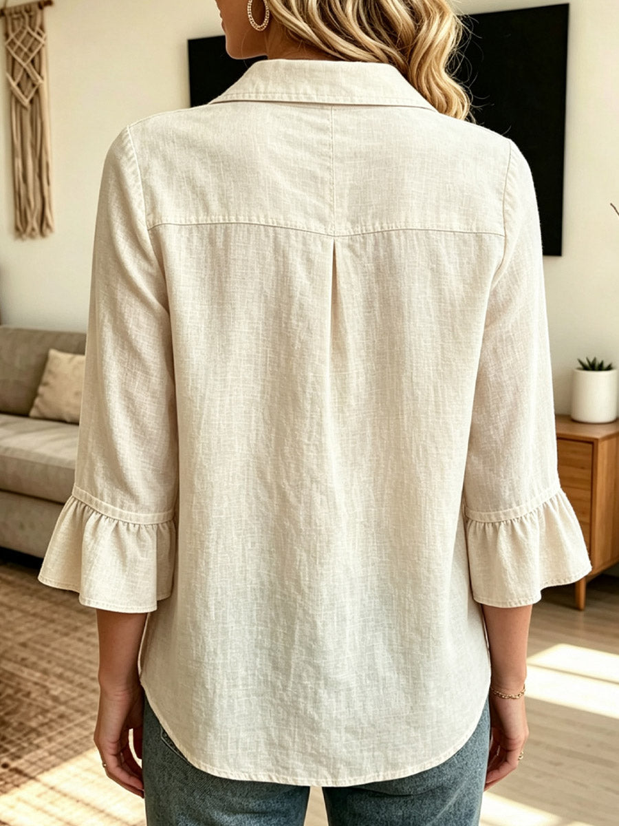 Classic Ruffle 3/4 Sleeve Loose Art Casual Lapel Cotton And Linen Shirt