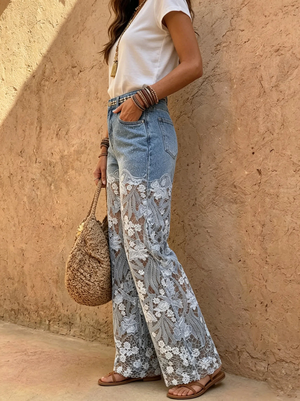 Women's Lace Cutout Patchwork Jeans