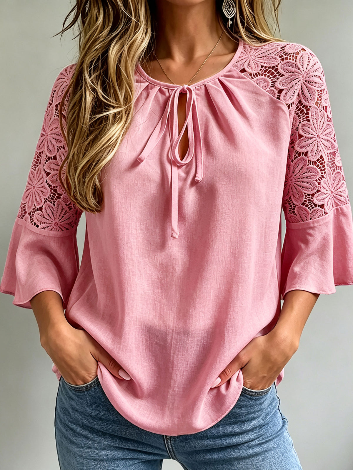 Women’s Floral Lace Raglan Bell Sleeve Tie Neck Casual Blouse