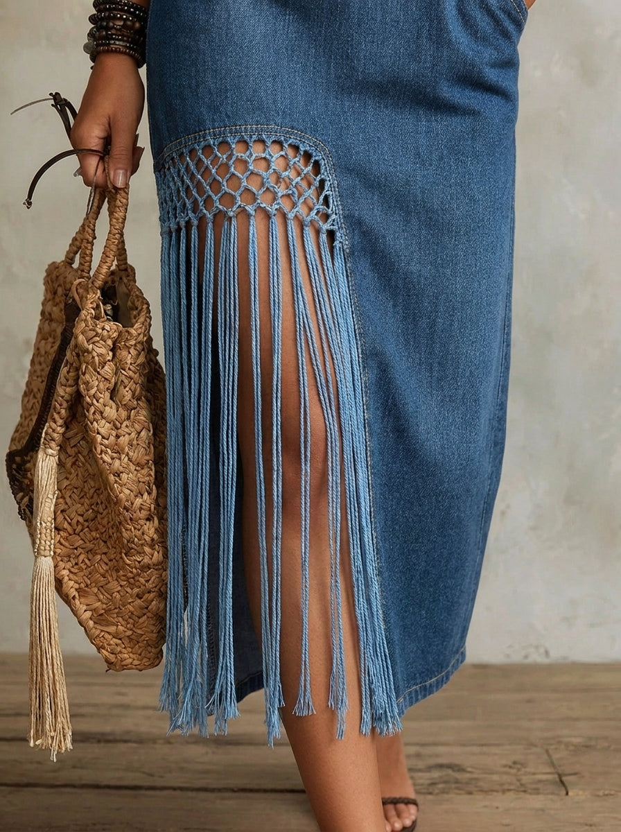 Women’s V Neck Short Sleeve Fringe Slit Denim Midi Dress With Pockets