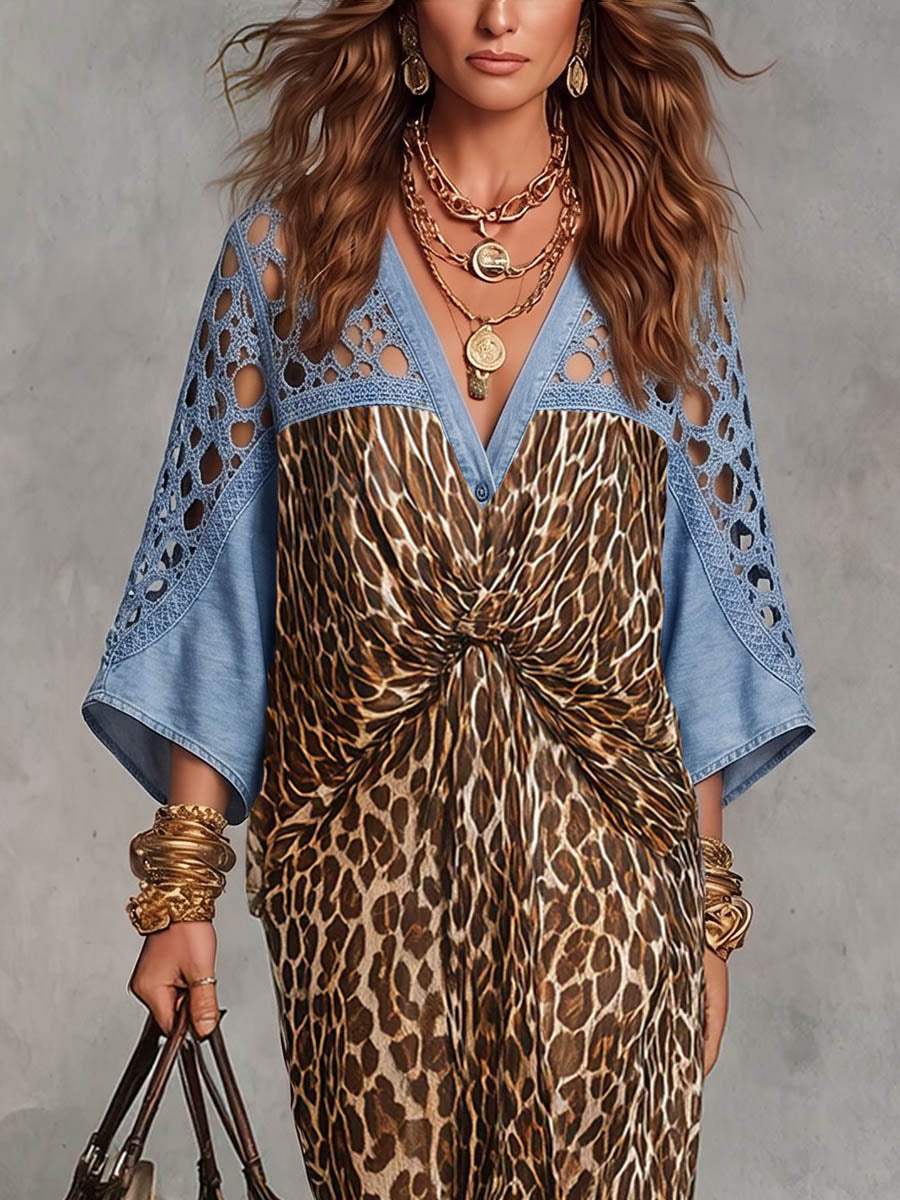 Vintage Elegant Denim Cut-Out Lace Patchwork Chiffon Dress