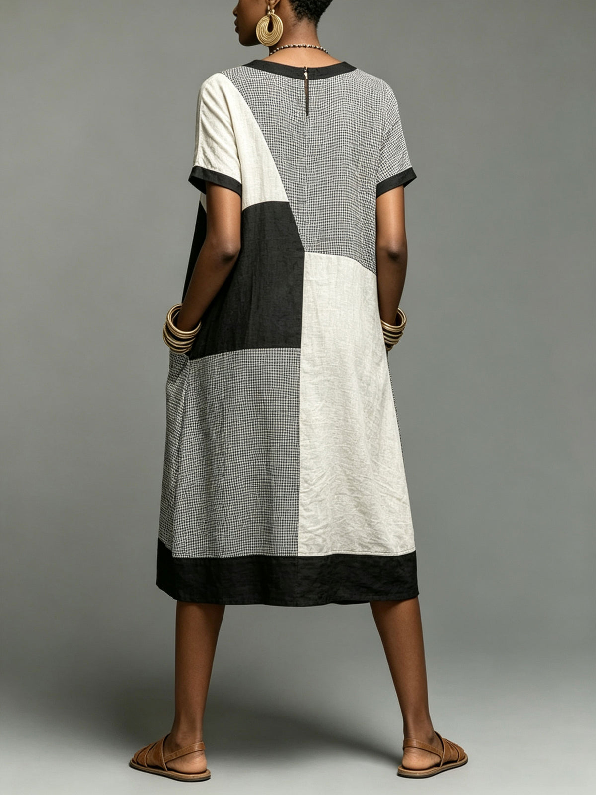 Women’s Geometric Color Block Grid Linen Blend Midi Dress With Pockets