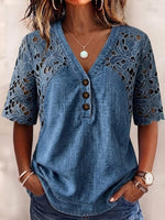 Washed Denim Loose-fit Top Featuring A V-neck, Partial Button Placket With Wooden Buttons, Cut-out Floral And Wavy Detailing On The Shoulders And Sleeves, And Elbow-length Sleeves