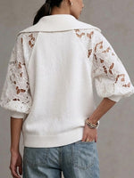 Loose-fit Top Featuring A Half-zip Mock Neck, Knit Panels, And Cut-out Floral Lace, With Three-quarter Sleeves