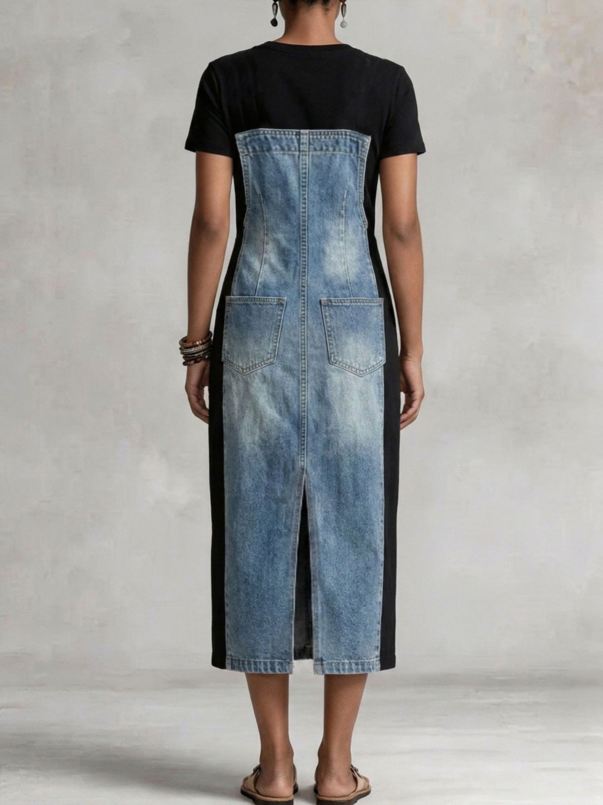 Women’s Asymmetric Denim Spliced Short Sleeve Midi Dress With Pockets