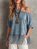Loose-fit, Short-sleeved Faux Suede Top With An Asymmetrical Off-shoulder Neckline And A Fringed Hem