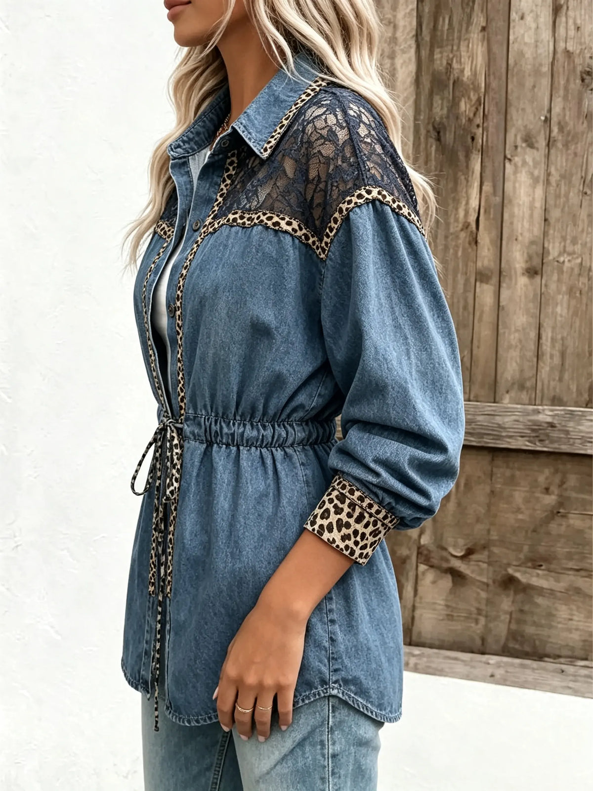Women's Leopard Lace Spliced Drawstring Waist Denim Shirt Jacket