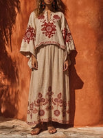 Women's Cotton-Linen Set: Casual Loose Long-Sleeve V-Neck Top with Placement Print & High-Waisted A-Line Skirt