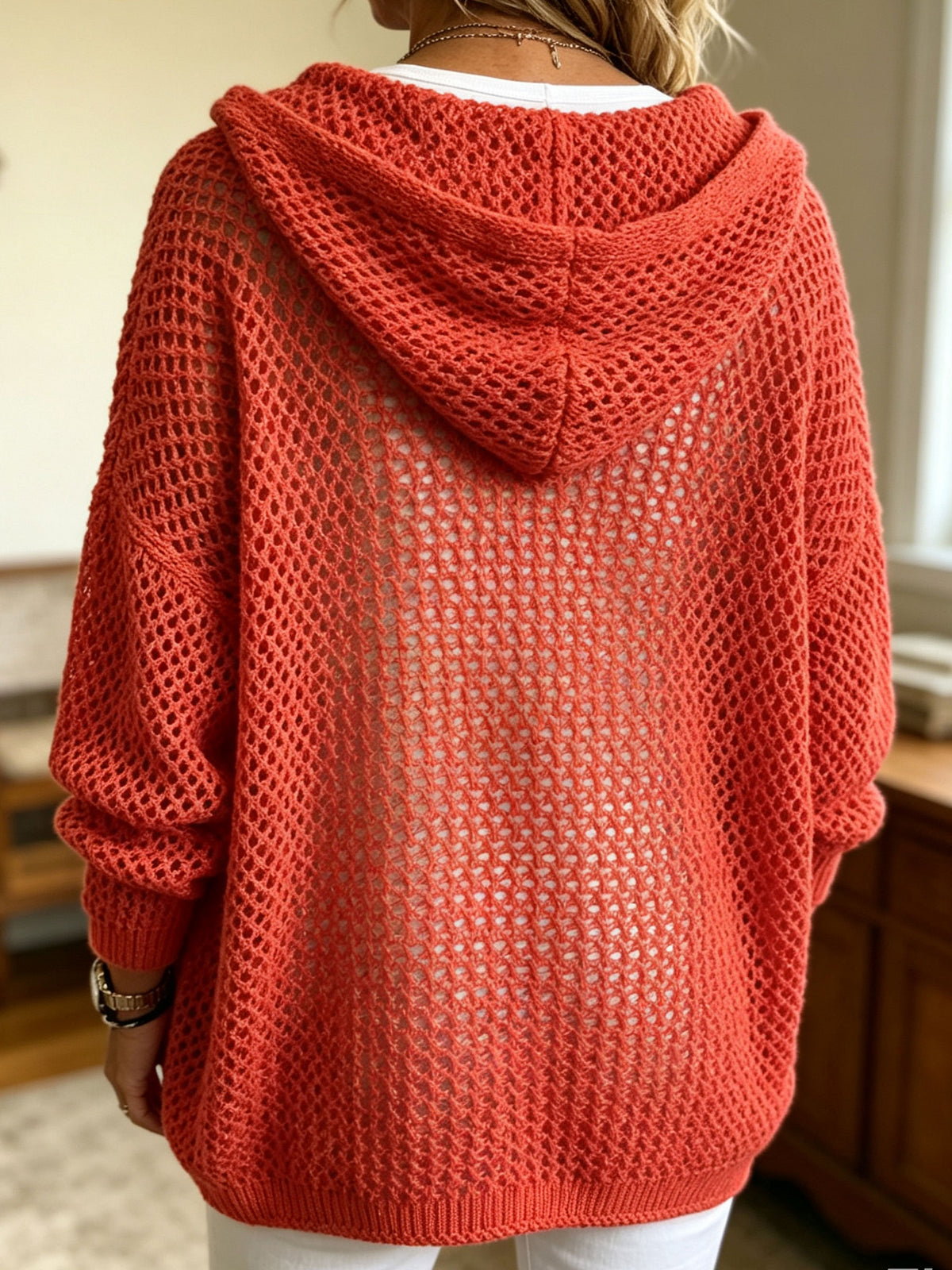 Women’s Oversized Open Mesh Knit Drawstring Hooded Sweater Top