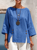 Breathable Blue Comfortable Cotton-linen Top