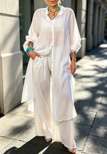 Breathable Art Casual Long Top And Pants Cotton And Linen Two-piece Set