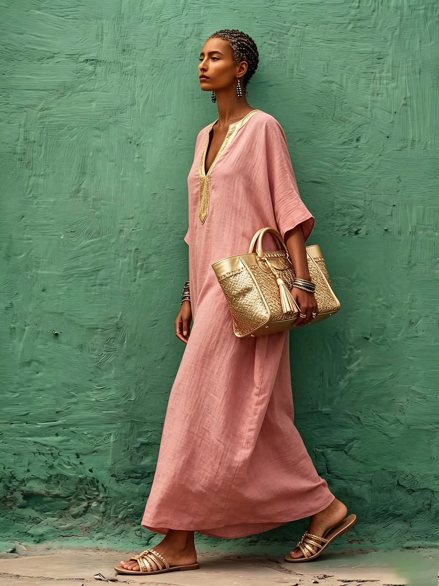 Bohemian Gold V-neck Cotton-linen Maxi Dress