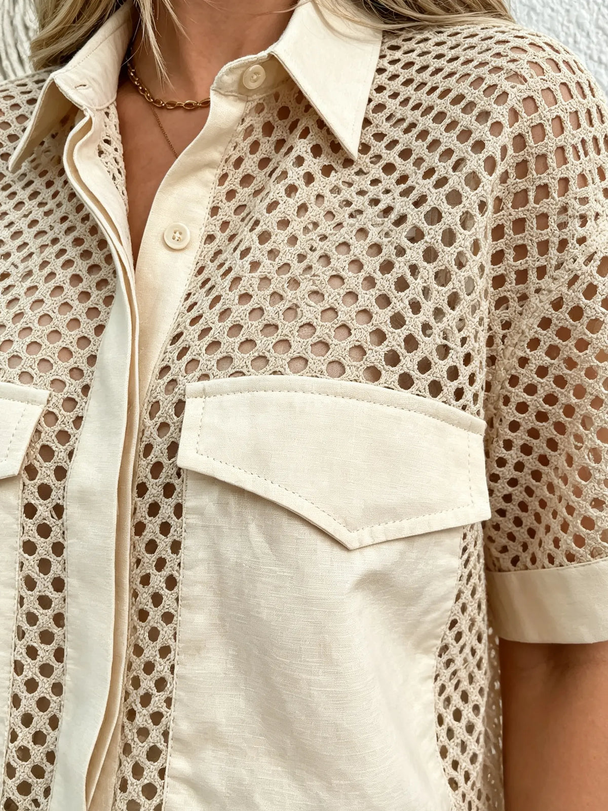 Women's Solid Crochet Hollow Out Collared Short Sleeve Shirt