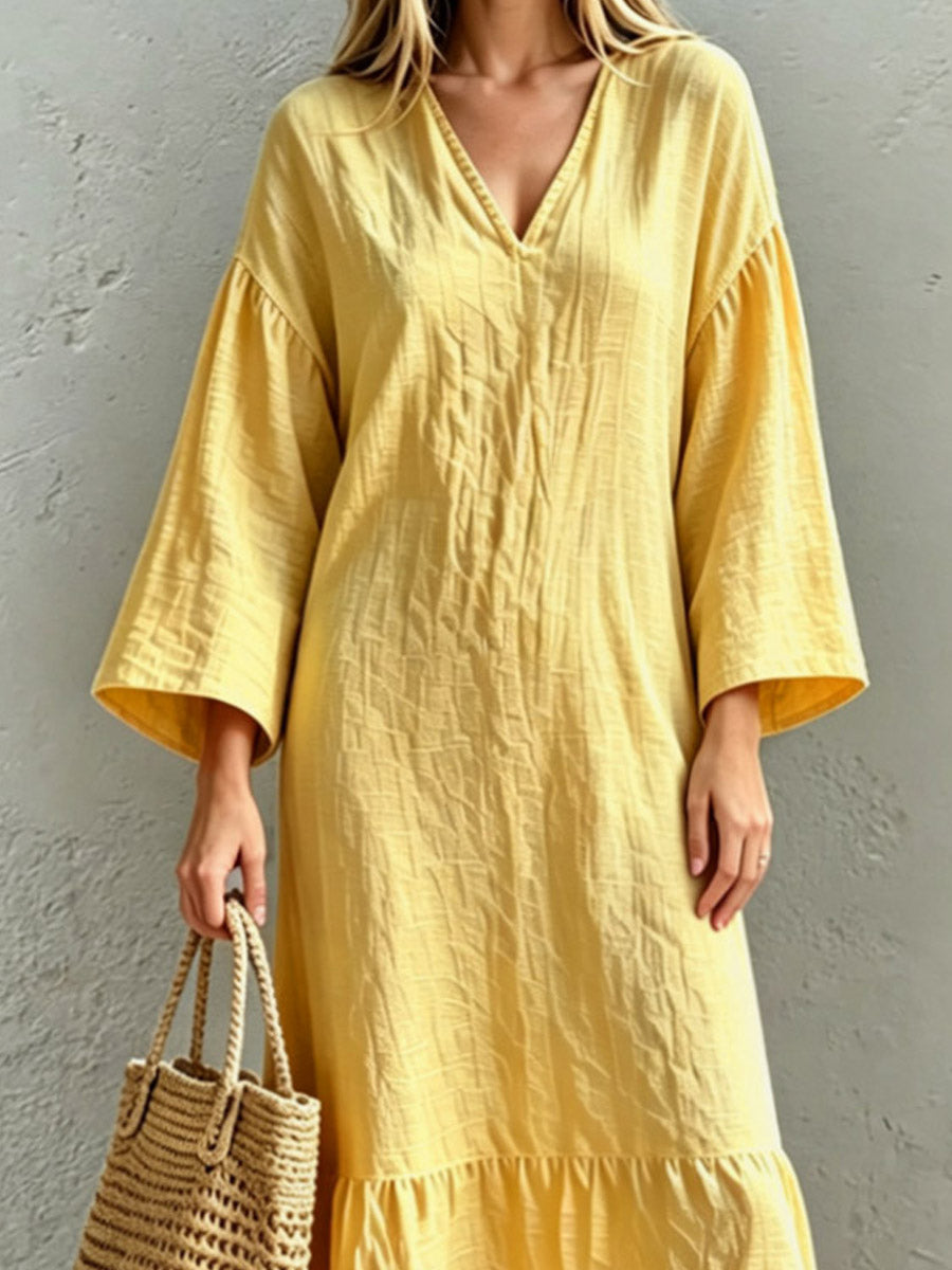 Women's V-collar Loose Art Casual Long Sleeve Cotton Linen Dress