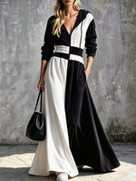 Color Block Hooded Loose Art Casual Long Sleeve Cotton Long Dress
